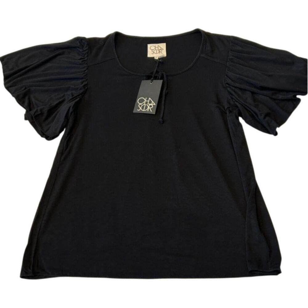 Chaser Women's Top Short Sleeve Stretch Size M Black Keyhole Tie Casual NWT